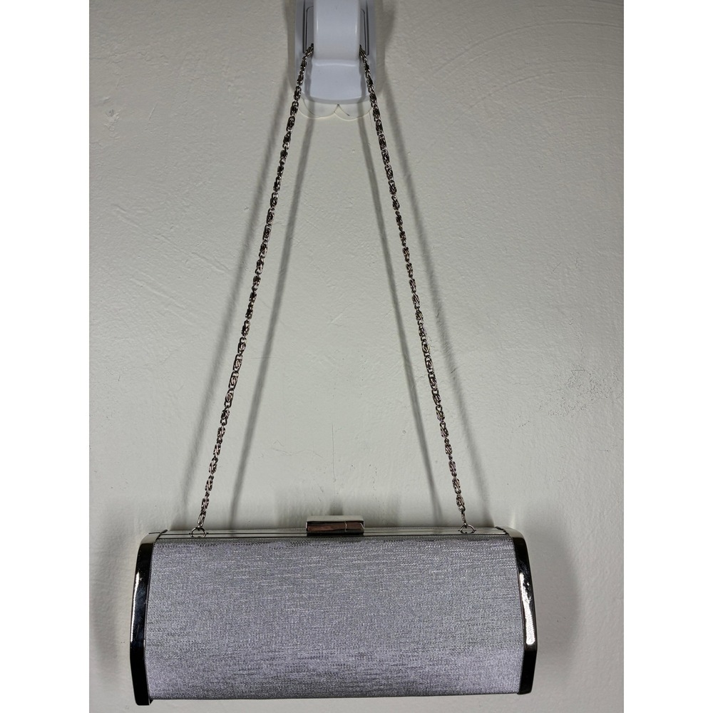 Vintage 90s Y2K Sasha Silver Metallic Shimmer Box Clutch Evening Bag Chain Strap